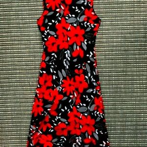 Red and black floral dress.